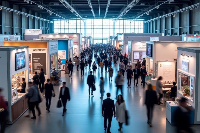 Busy interior view of a business expo floor
