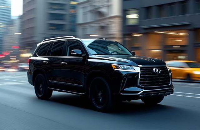 Black executive SUV parked in a city street