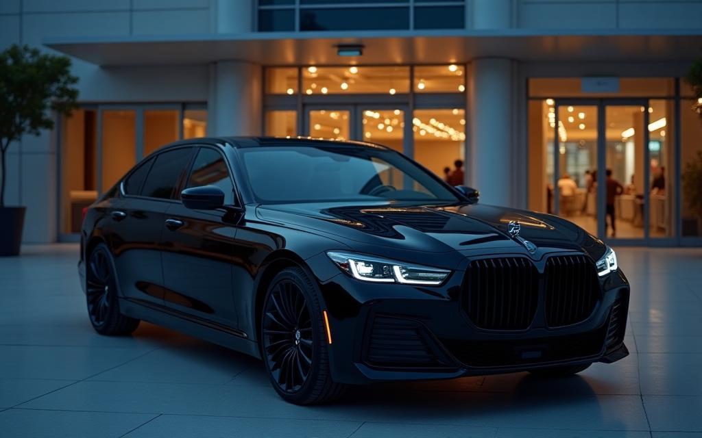 Sleek black luxury car in front of a large, modern convention center entrance